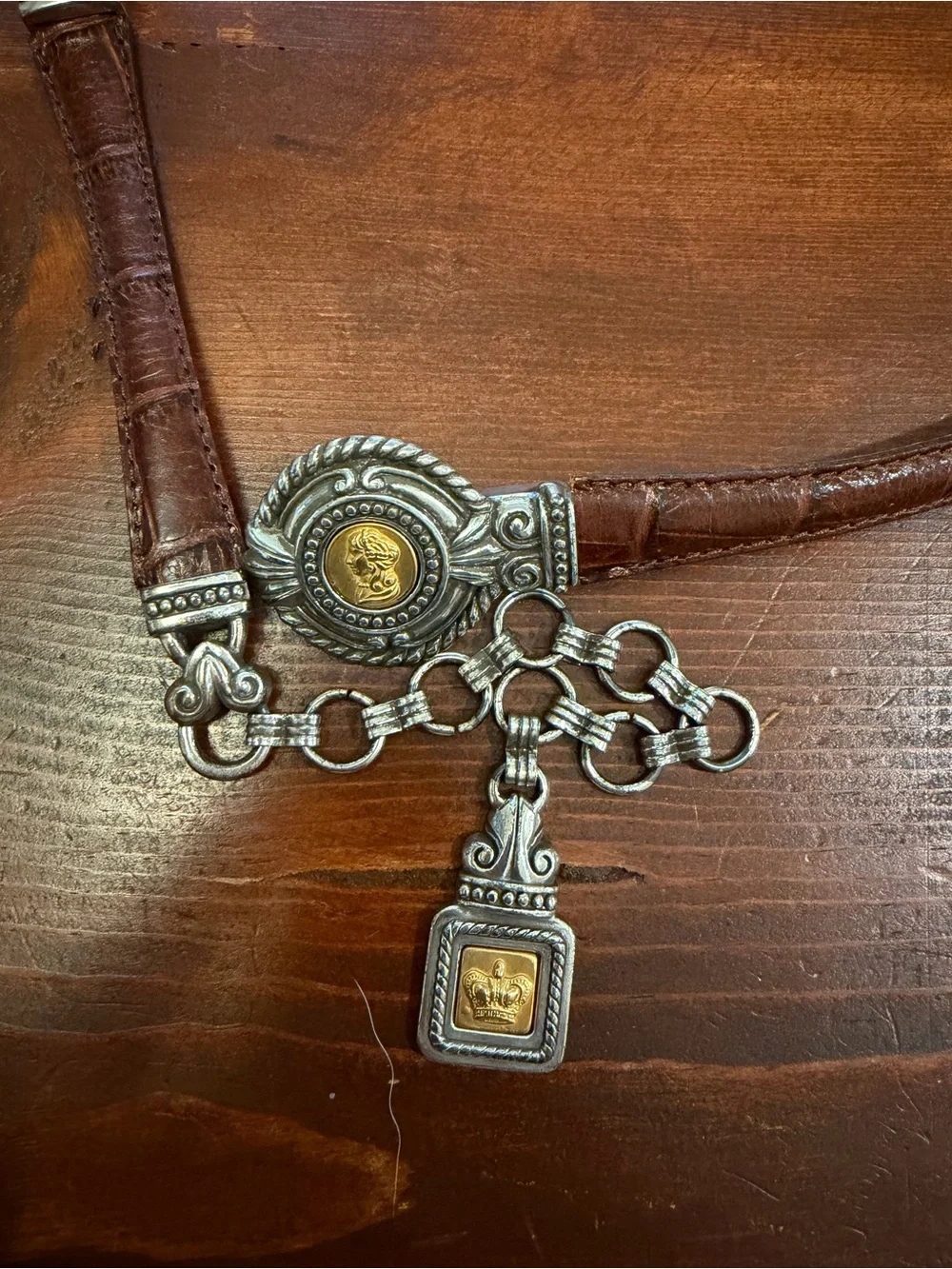 1996 Branded metal and leather accent belt